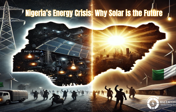 A symbolic image of Nigeria’s energy crisis, showing a dimly lit city skyline under power lines on the left side, contrasted with solar panels generating bright, clean energy on the right side.